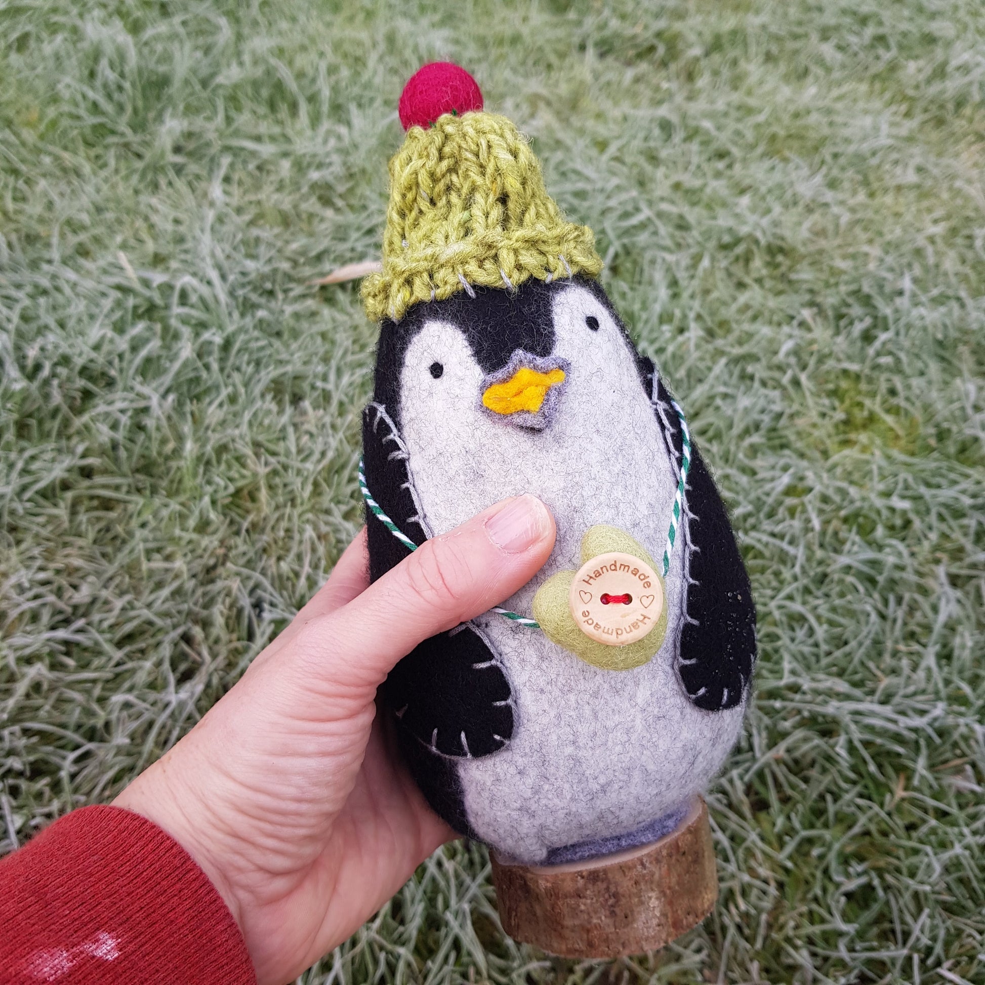 Hand holding a felt penguin toy with a green hat against a grassy background