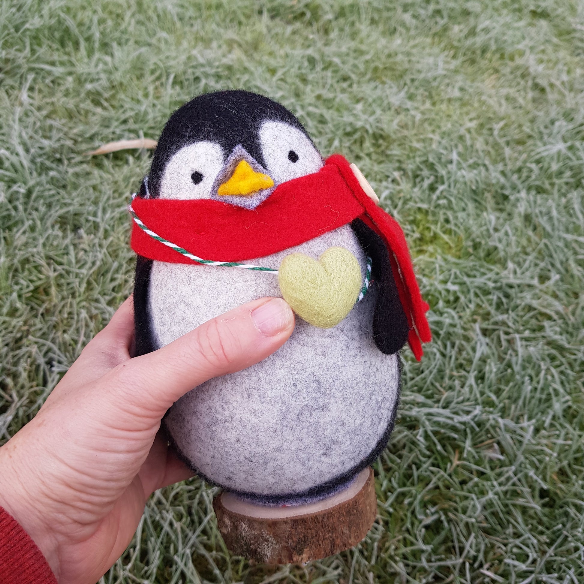Hand holding a penguin-shaped object with a red scarf against a grassy background