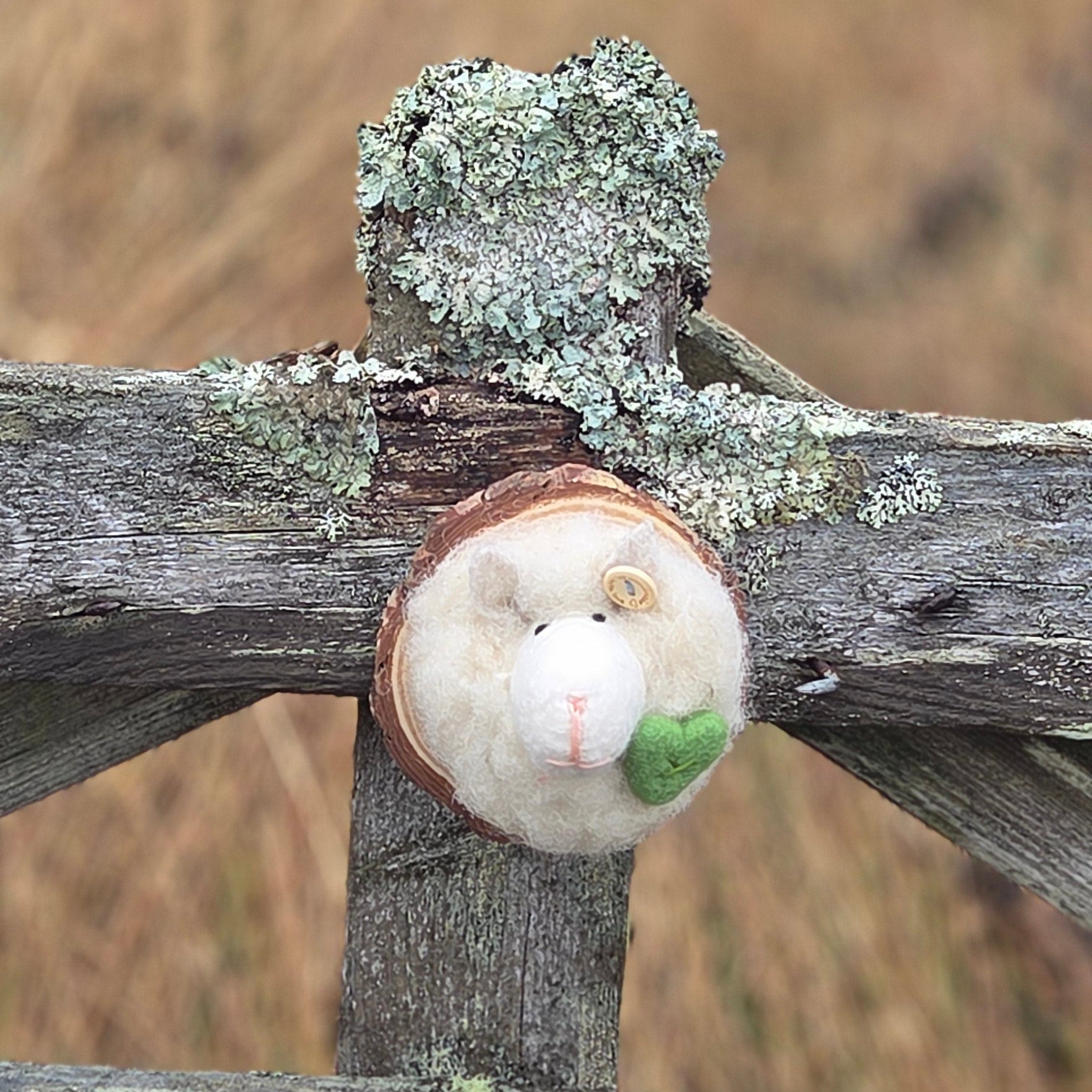 Small white figurine on a wooden post with a blurred natural background