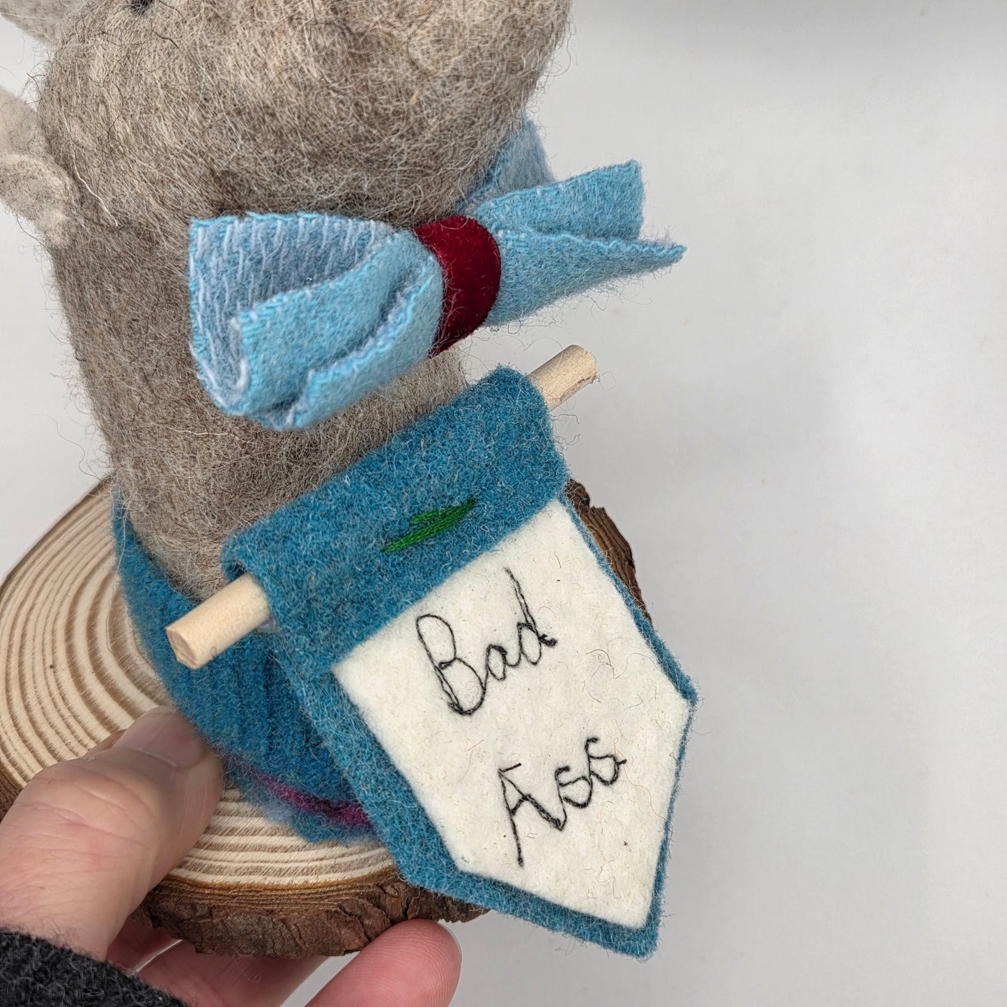 wet felted wool donkey with handmade irish tweed details