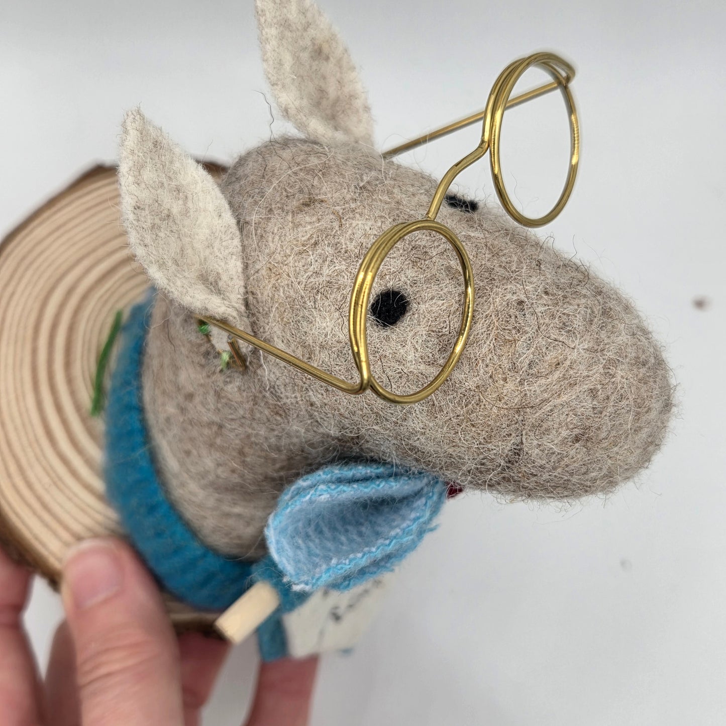 wet felted wool donkey with handmade irish tweed details