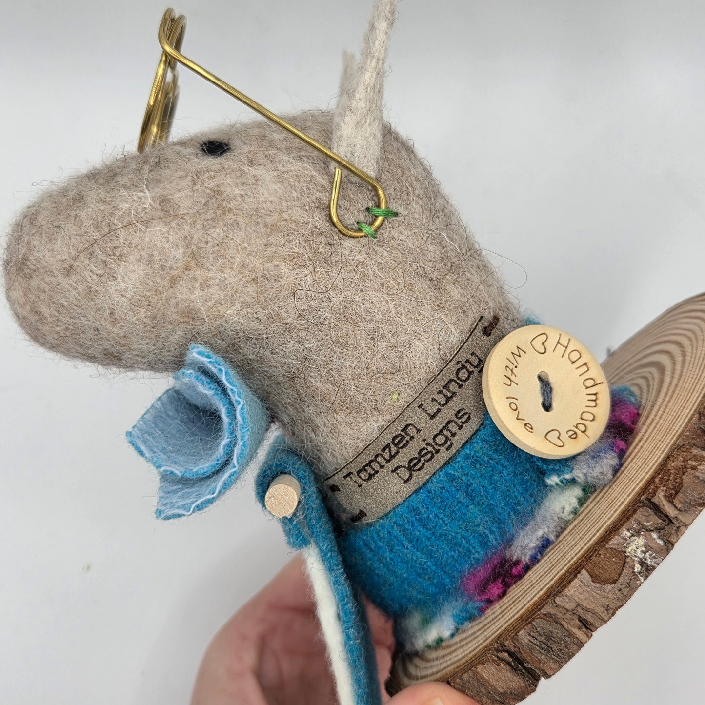 wet felted wool donkey with handmade irish tweed details