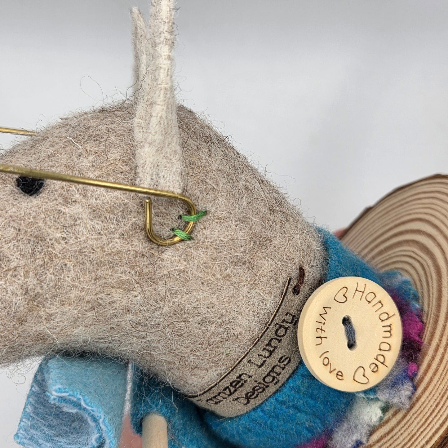 wet felted wool donkey with handmade irish tweed details
