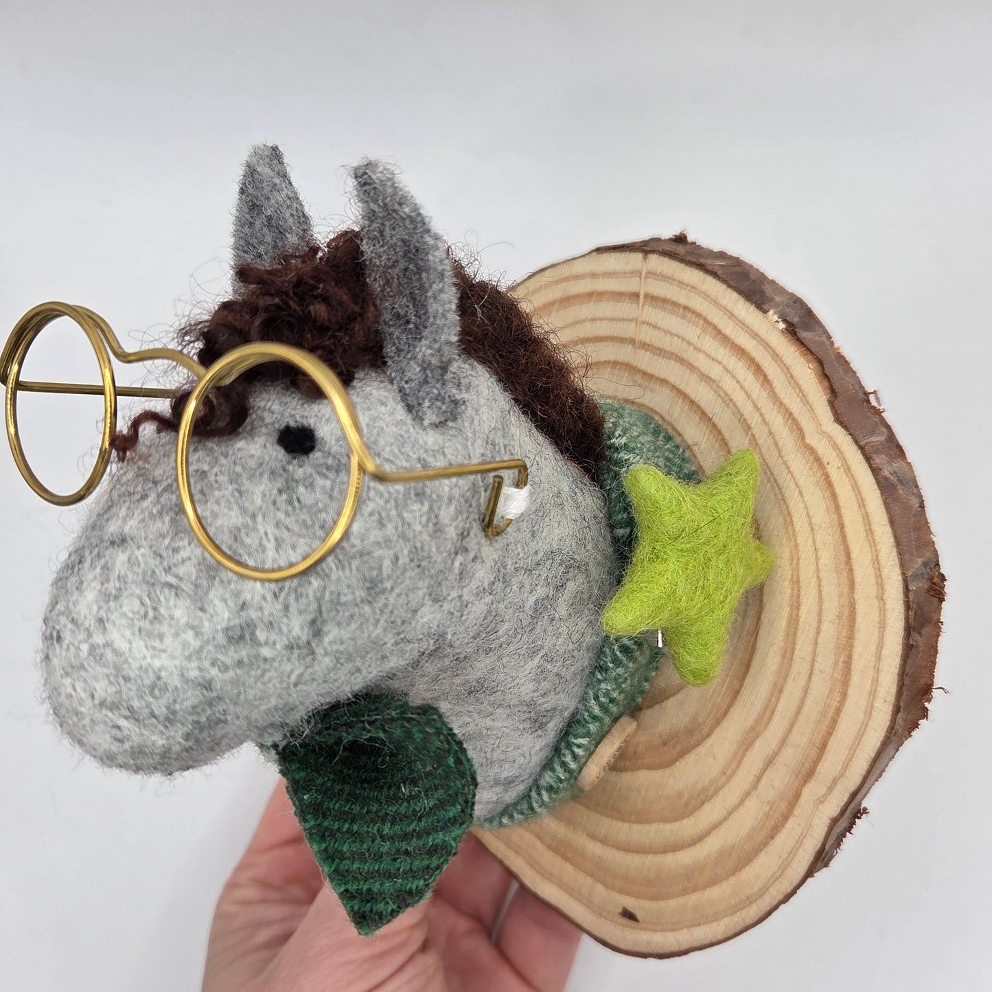 wet felted wool donkey with handmade irish tweed details