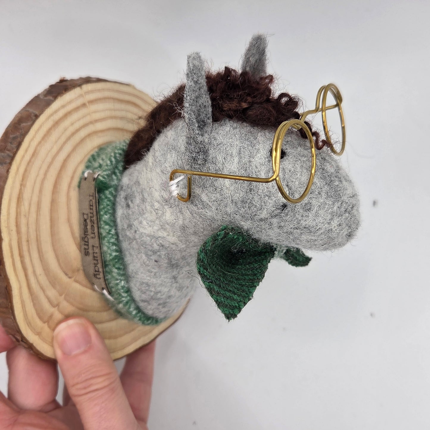 wet felted wool donkey with handmade irish tweed details