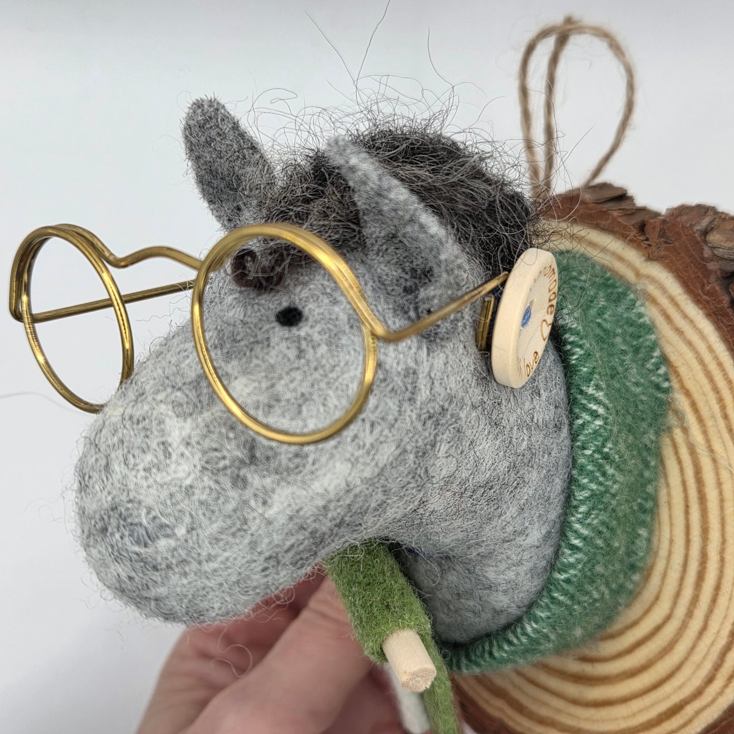 wet felted wool donkey with handmade irish tweed details