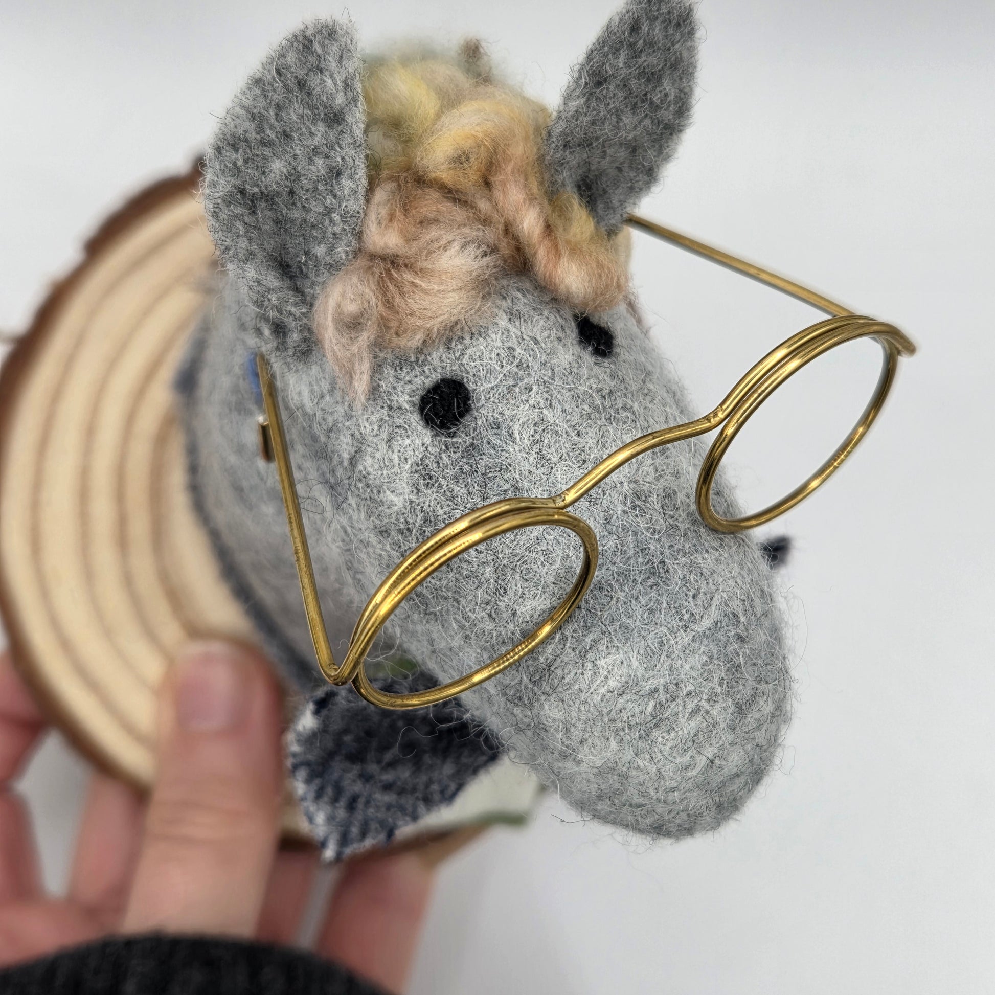 wet felted wool donkey with handmade irish tweed details