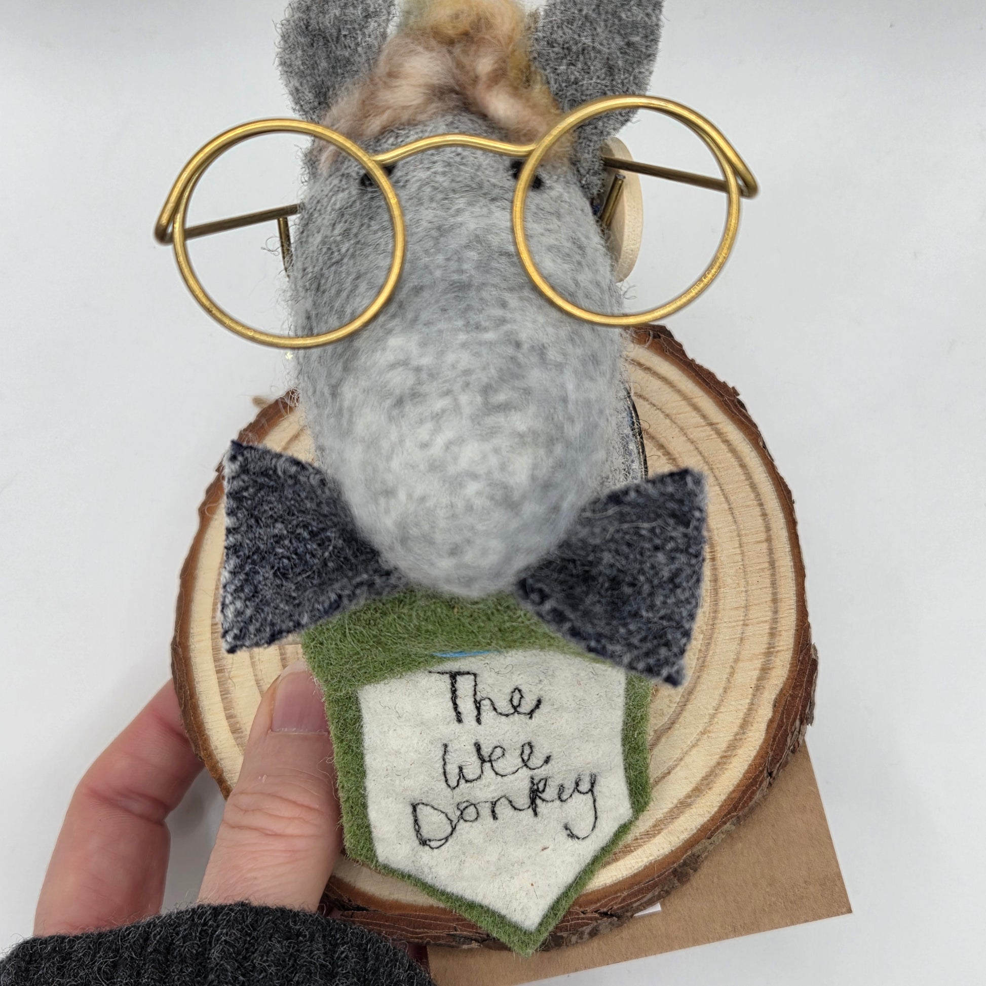 wet felted wool donkey with handmade irish tweed details