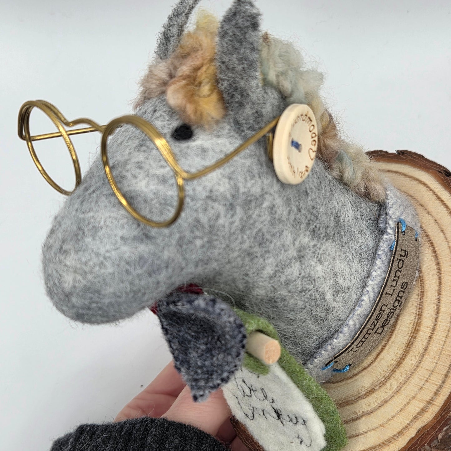 wet felted wool donkey with handmade irish tweed details