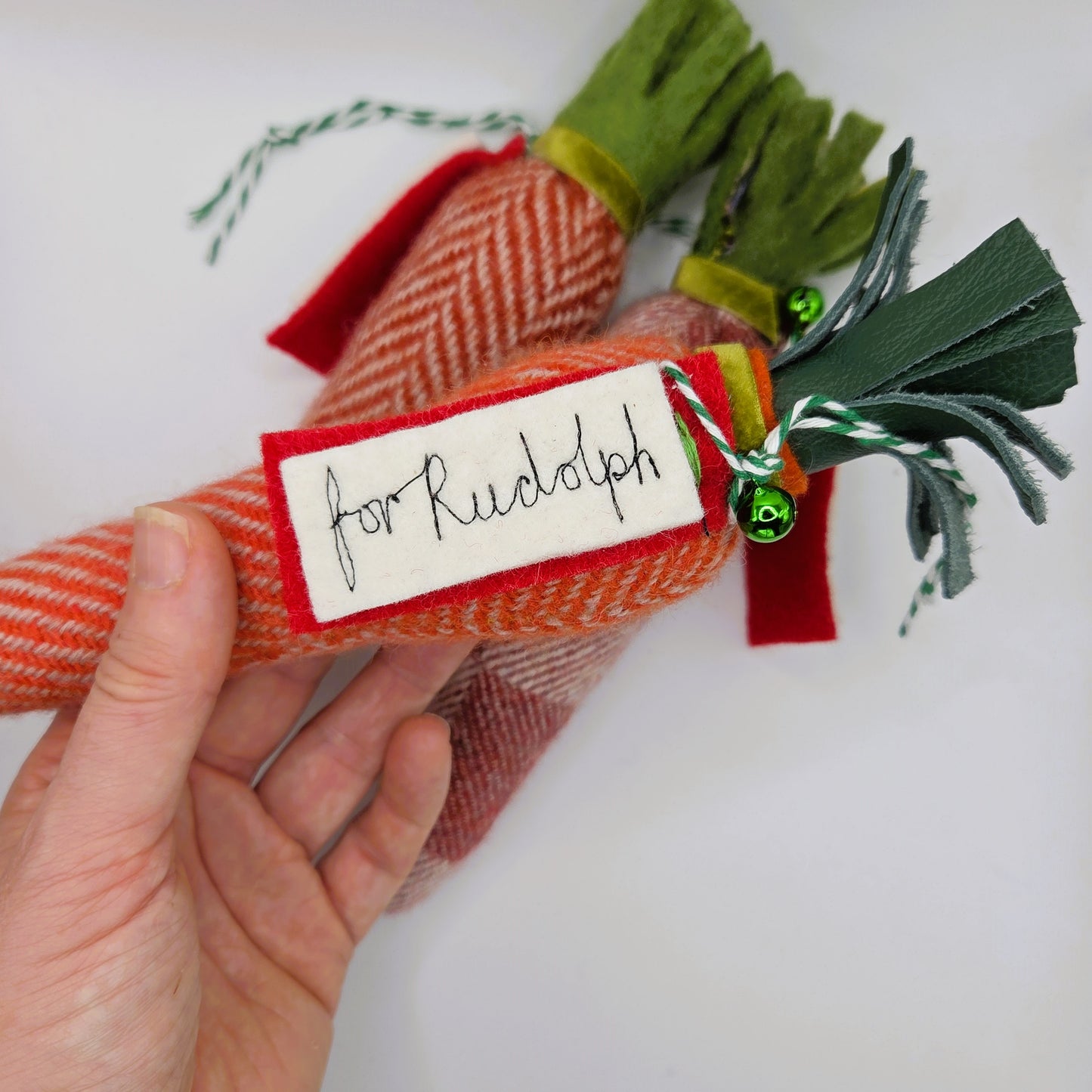 Decorative carrot with a tag reading 'for Rudolph' held by a hand on a white background