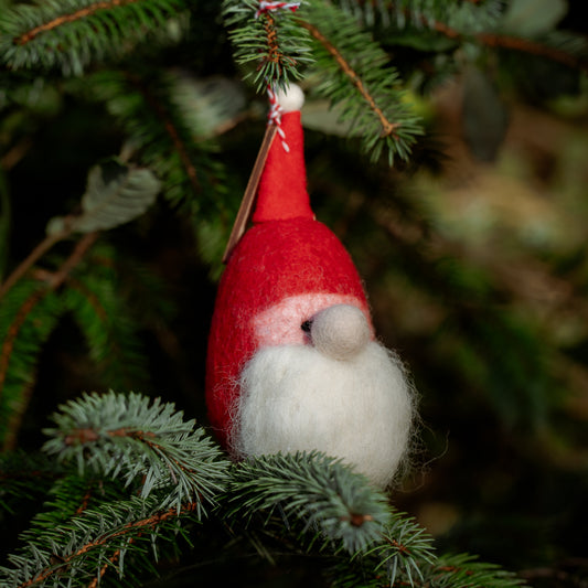 A small felt Christmas gnome ornament with a red hat and white beard hanging from a green pine branch against a dark, blurred background.